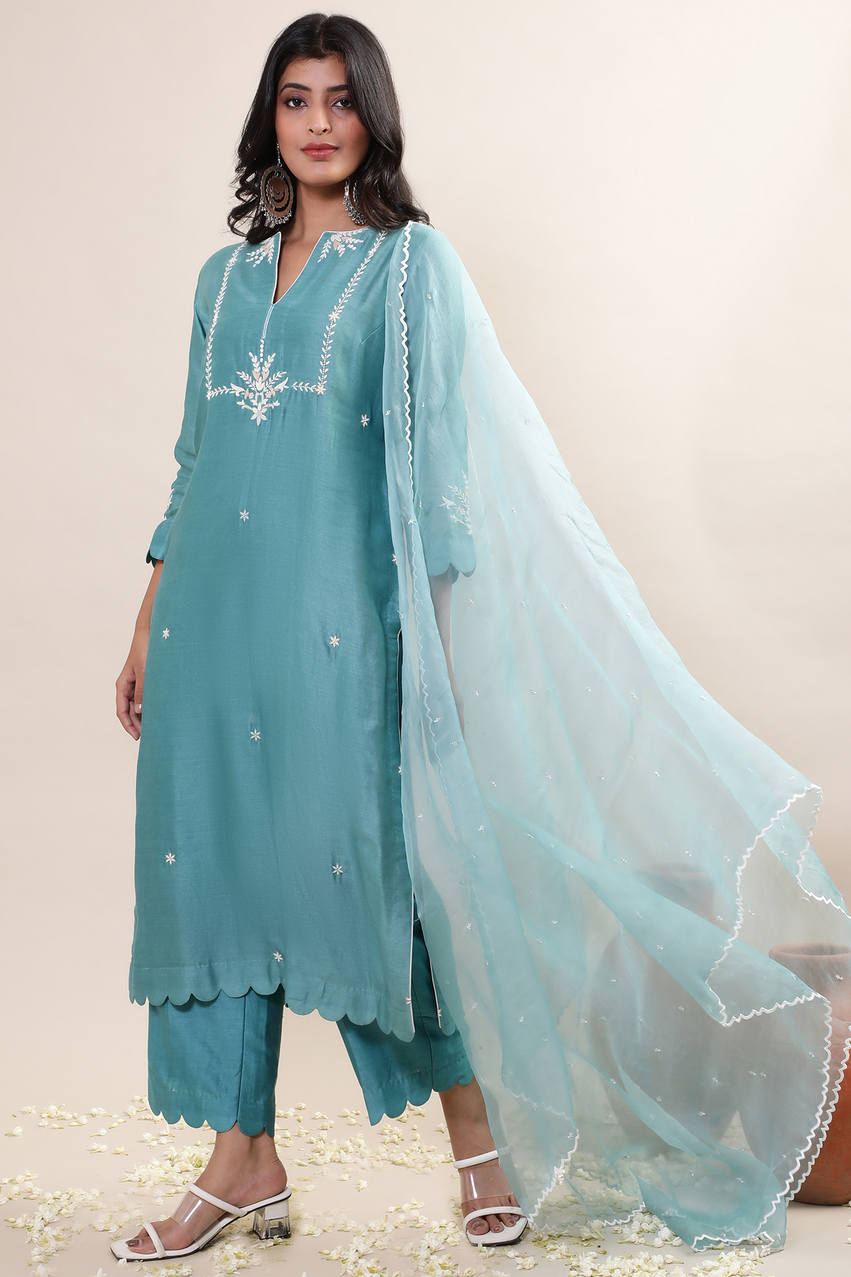 Ice Blue Swiss Voile Embroidered Kurta Set by MERAKI BY POONAM SSANYAA