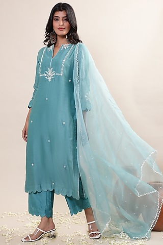 Ice Blue Swiss Voile Embroidered Kurta Set by MERAKI BY POONAM SSANYAA