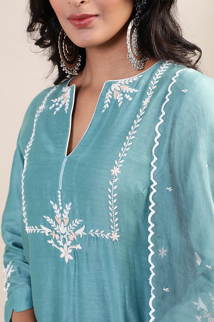Ice Blue Swiss Voile Embroidered Kurta Set by MERAKI BY POONAM SSANYAA at Pernia's Pop Up Shop