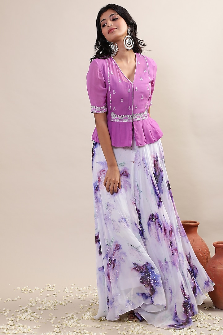 Purple Georgette Printed Skirt Set by MERAKI BY POONAM SSANYAA