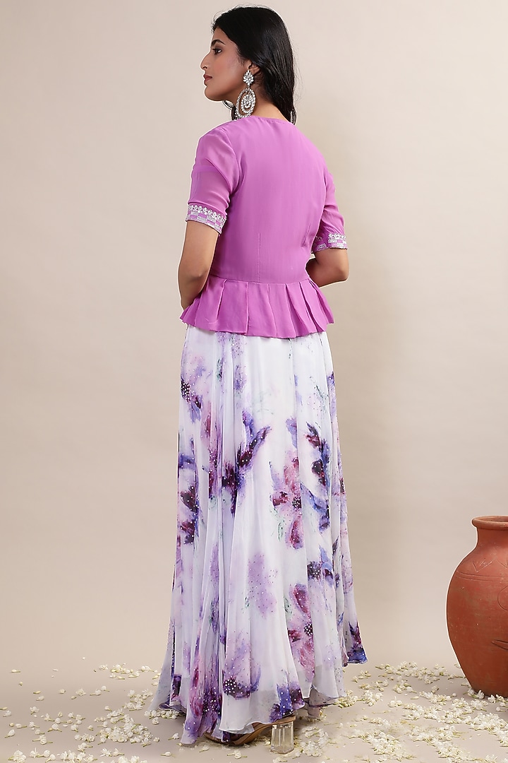 Purple Georgette Printed Skirt Set by MERAKI BY POONAM SSANYAA at Pernia's Pop Up Shop