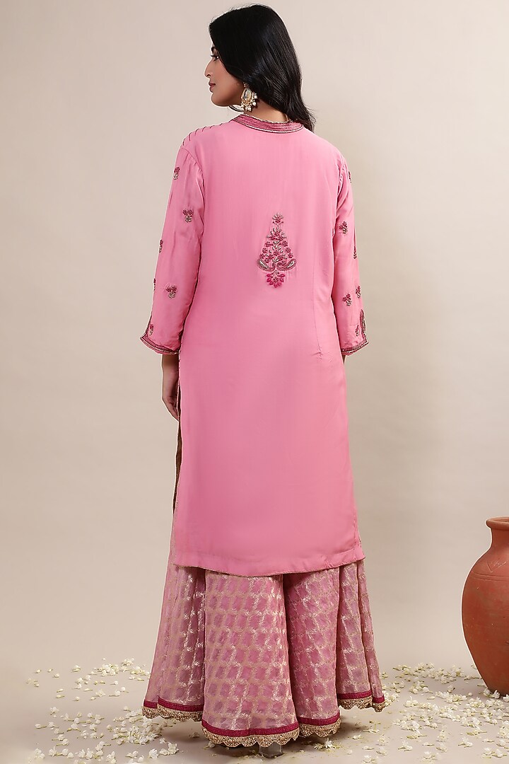 Pink Chanderi & Satin Embroidered Kurta Set by MERAKI BY POONAM SSANYAA at Pernia's Pop Up Shop