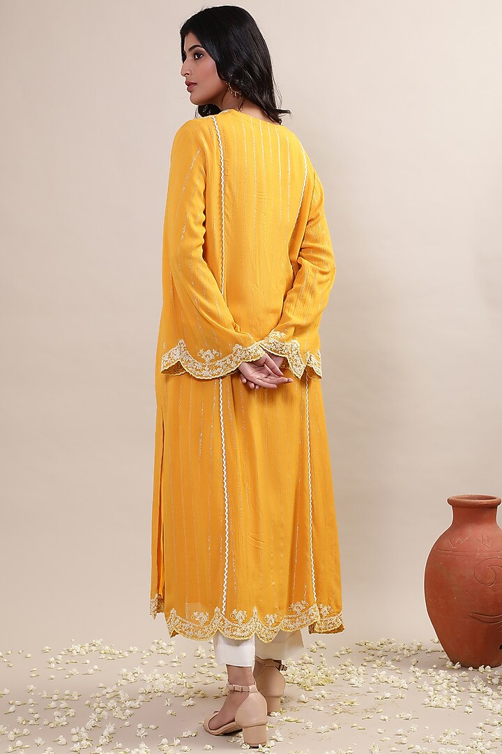 Mustard Georgette Embroidered Kurta Set by MERAKI BY POONAM SSANYAA at Pernia's Pop Up Shop