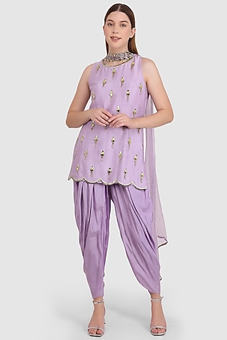 Lilac Dola Silk Embroidered Kurta Set by Meraki By Rachna