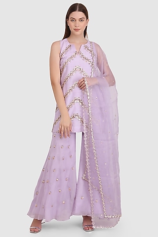 Lilac Viscose Organza Sequined Sharara Set by Meraki By Rachna