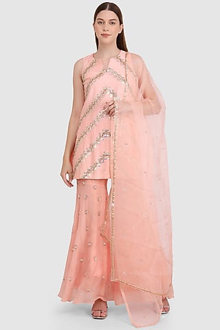 Peach Viscose Organza Sequined Sharara Set by Meraki By Rachna