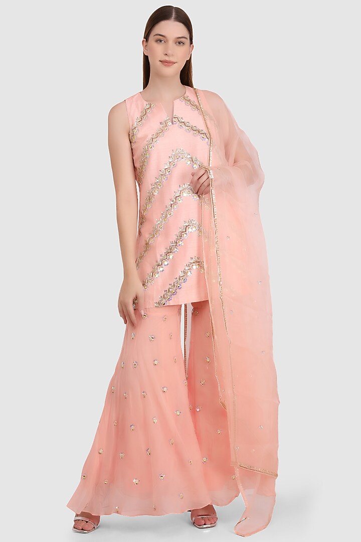 Peach Viscose Organza Sequined Party Wear Sharara Set by Meraki By Rachna at Pernia's Pop Up Shop