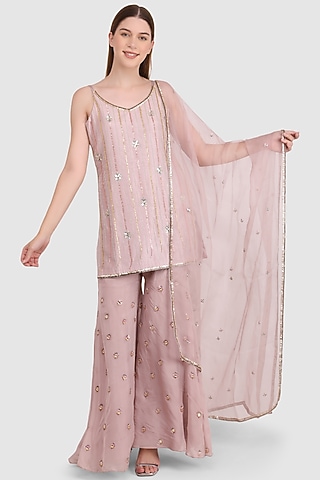 Champagne Pink Viscose Organza Embroidered Sharara Set by Meraki By Rachna