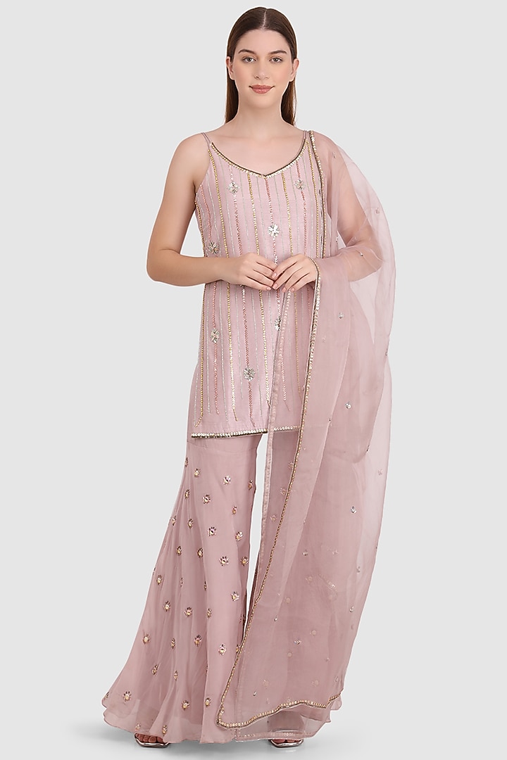 Champagne Pink Viscose Organza Embroidered Party Wear Sharara Set by Meraki By Rachna at Pernia's Pop Up Shop