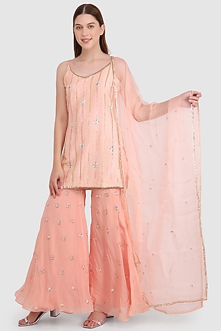 Peach Viscose Organza Embroidered Sharara Set by Meraki By Rachna