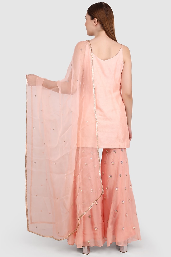 Peach Viscose Organza Embroidered Party Wear Sharara Set by Meraki By Rachna at Pernia's Pop Up Shop