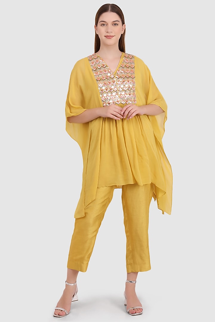 Yellow Georgette Embellished Kaftan Set by Meraki By Rachna at Pernia's Pop Up Shop
