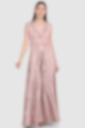 Champagne Pink Dola Silk Embroidered Jumpsuit by Meraki By Rachna