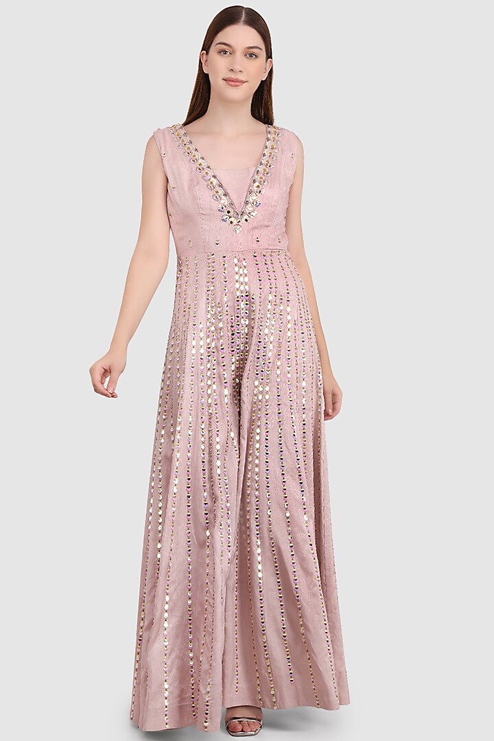 Champagne Pink Dola Silk Embroidered Jumpsuit by Meraki By Rachna