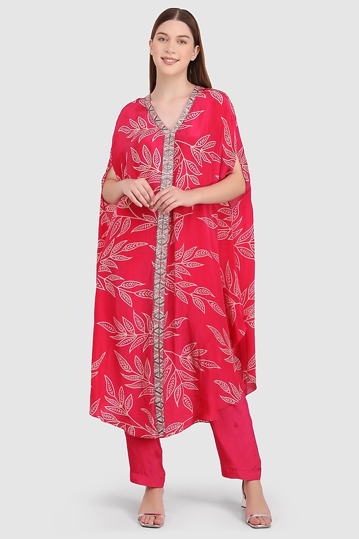 Pink Viscose Crepe Printed & Hand Embroidered Kaftan Set by Meraki By Rachna at Pernia's Pop Up Shop