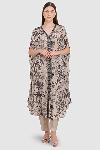 Fawn Viscose Crepe Printed & Hand Embroidered Kaftan Set by Meraki By Rachna