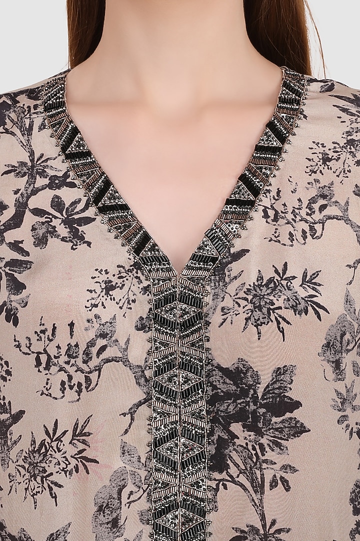 Fawn Viscose Crepe Printed & Hand Embroidered Kaftan Set by Meraki By Rachna at Pernia's Pop Up Shop