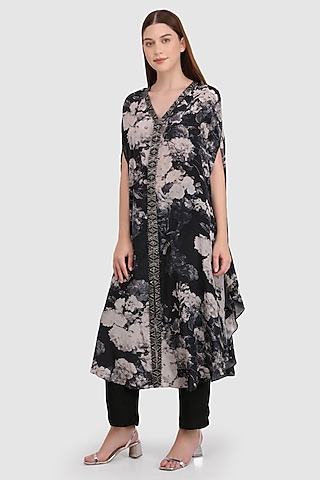 Black Viscose Crepe Printed & Hand Embroidered Kaftan Set by Meraki By Rachna