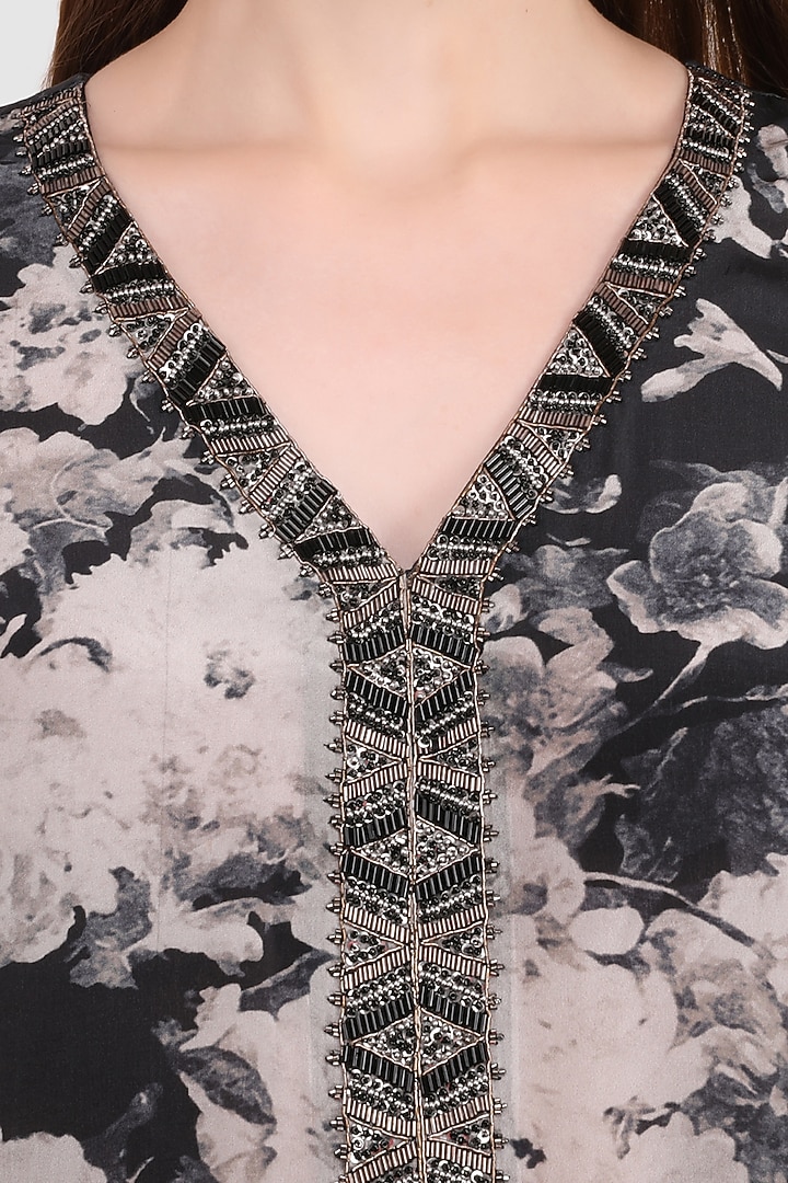 Black Viscose Crepe Printed & Hand Embroidered Kaftan Set by Meraki By Rachna at Pernia's Pop Up Shop