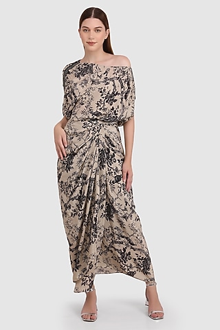 Fawn Viscose Crepe Printed Draped Dhoti Skirt Set by Meraki By Rachna