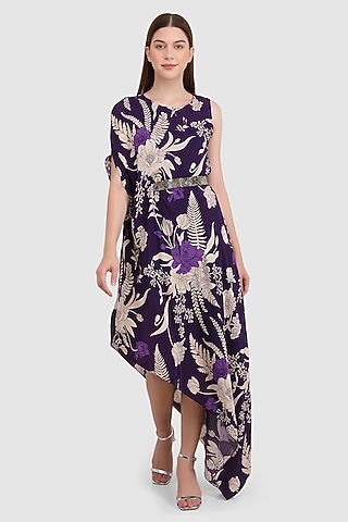Purple Viscose Crepe Printed Dress by Meraki By Rachna