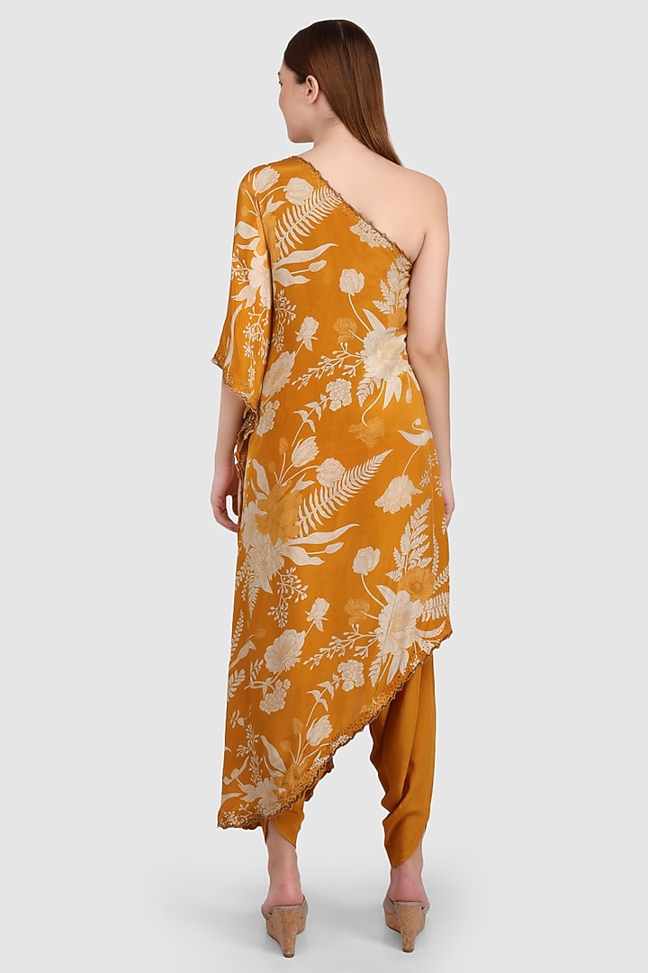 Mustard Viscose Crepe Draped Dhoti Set by Meraki By Rachna at Pernia's Pop Up Shop