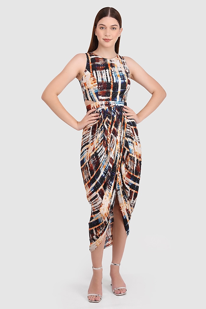Multi-Colored Viscose Muslin Printed & Embellished Draped Dress by Meraki By Rachna
