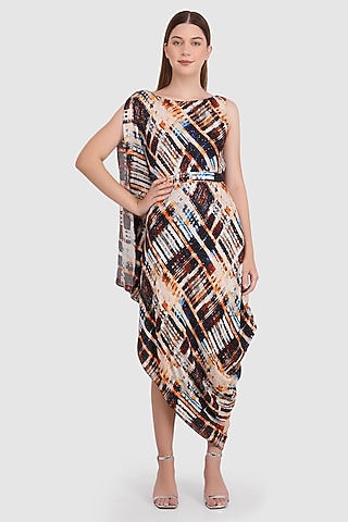 Multi-Colored Viscose Muslin Cowl Draped Dress by Meraki By Rachna