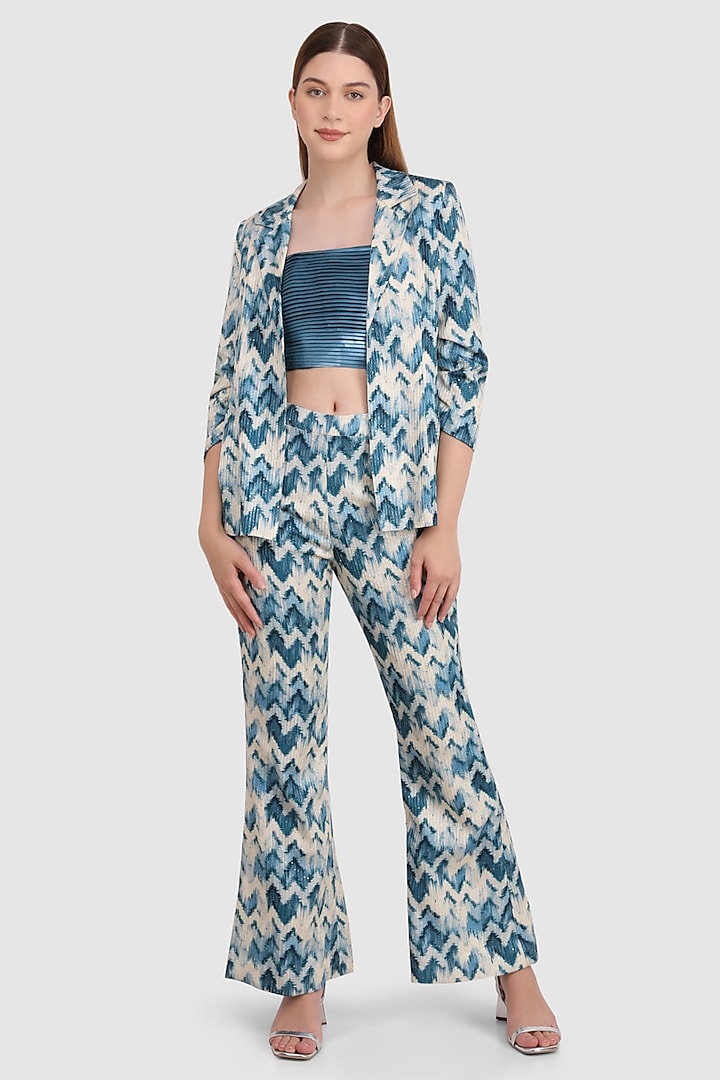 Blue Viscose Muslin Blazer Set by Meraki By Rachna