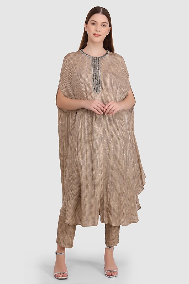 Fawn Viscose Muslin Hand Embroidered Kaftan Set by Meraki By Rachna at Pernia's Pop Up Shop