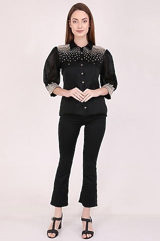 Black Organza Embroidered Shirt by Meraki By Rachna