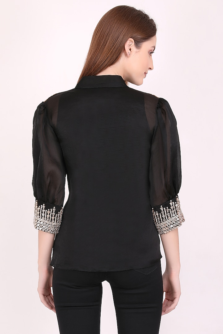 Black Organza Embroidered Shirt by Meraki By Rachna at Pernia's Pop Up Shop