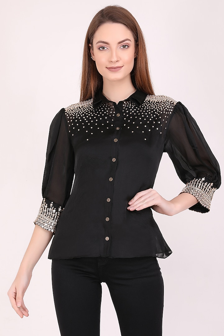 Black Organza Embroidered Shirt by Meraki By Rachna at Pernia's Pop Up Shop