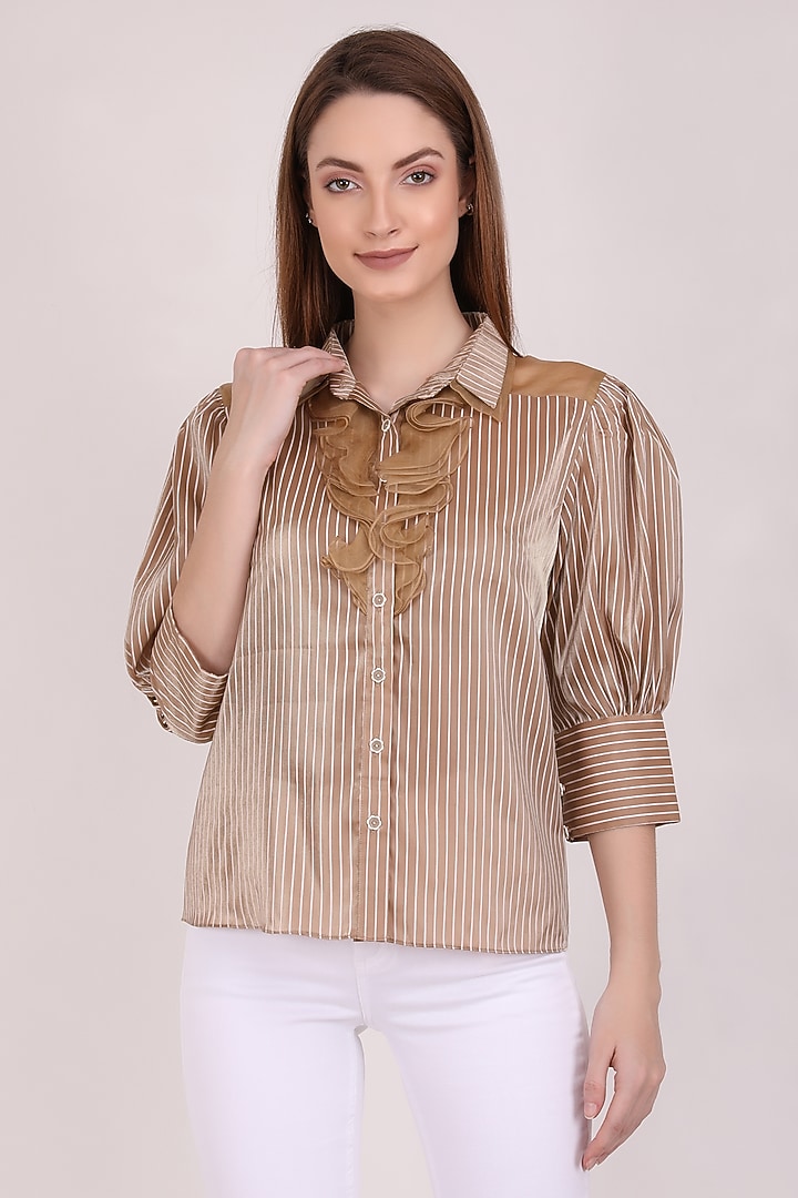 Sand Brown Organza Shirt by Meraki By Rachna at Pernia's Pop Up Shop