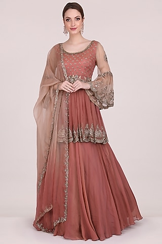 Onion Pink Georgette & Crepe Lehenga Set by Meraki By Rachna