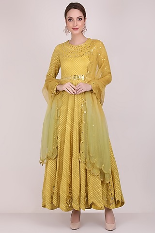 Mustard Embroidered Anarkali Set by Meraki By Rachna