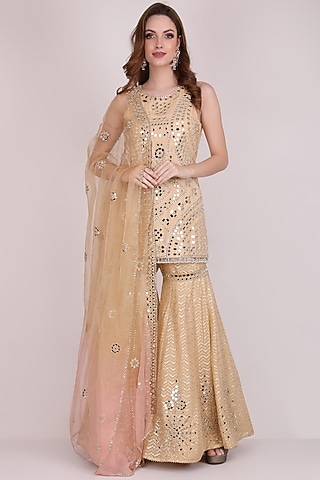 Gold Chanderi Silk Gharara Set by Meraki By Rachna