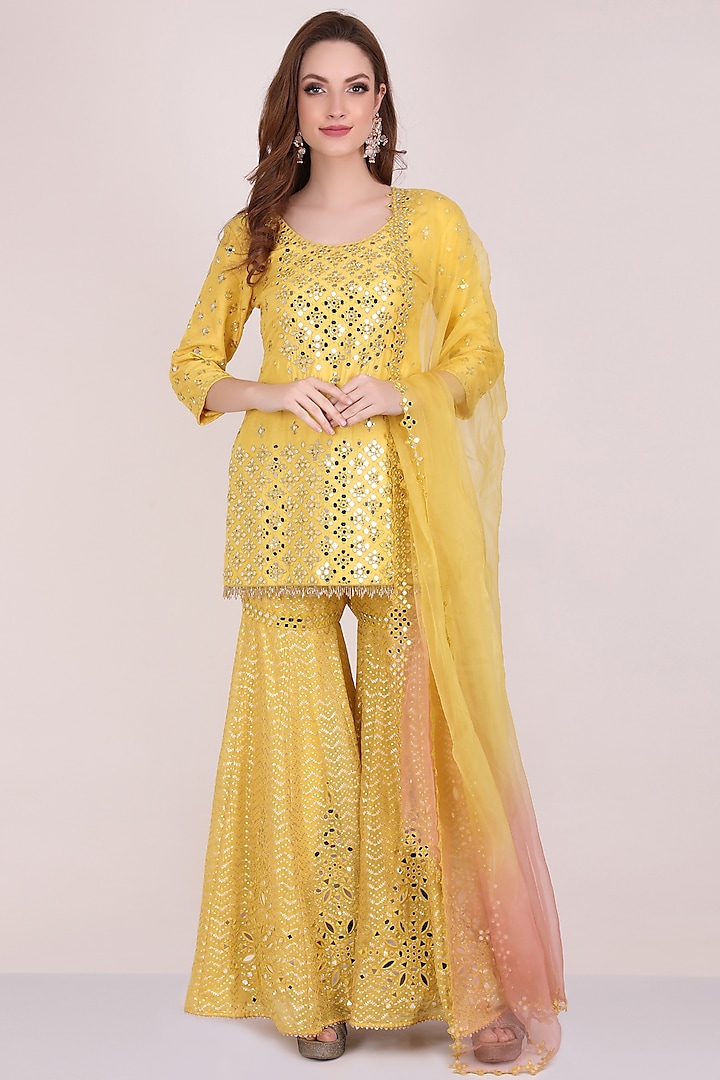 Yellow Chanderi Silk Embellished Gharara Set by Meraki By Rachna