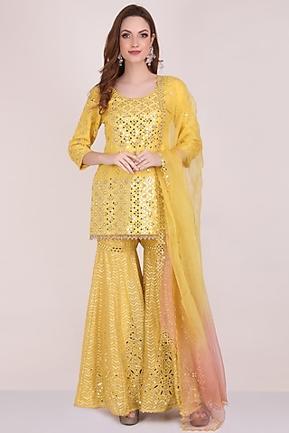 Yellow Chanderi Silk Embellished Gharara Set by Meraki By Rachna