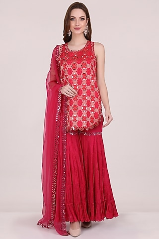 Red Georgette Gharara Set by Meraki By Rachna