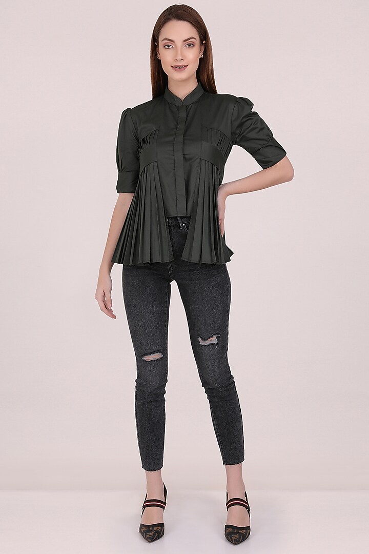 Military Green Chanderi Top by Meraki By Rachna at Pernia's Pop Up Shop