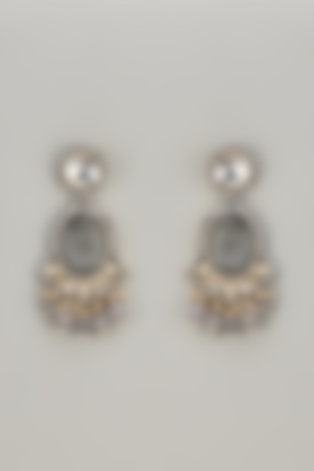 Two Tone Finish Kundan Polki & Grey Carved Stone Dangler Earrings by Mesh Artisan