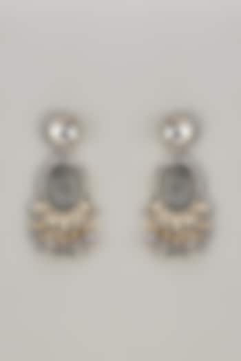 Two Tone Finish Kundan Polki & Grey Carved Stone Dangler Earrings by Mesh Artisan