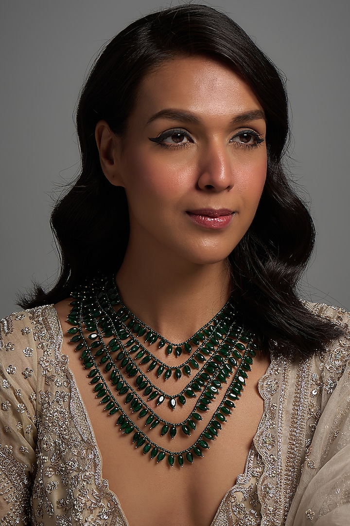 Green Emerald Drop Layered Necklace by Mesh Artisan