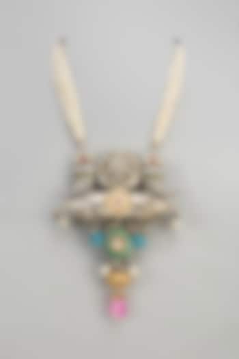 Black Rhodium Finish Multi-Colored Stone Long Tribal Necklace by Mesh Artisan