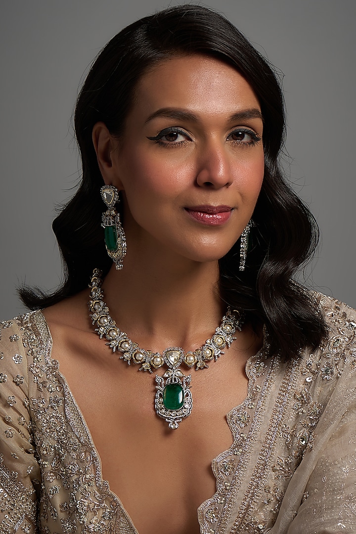 Two Tone Finish Oxidized Kundan Polki & Emerald Stone Necklace Set by Mesh Artisan