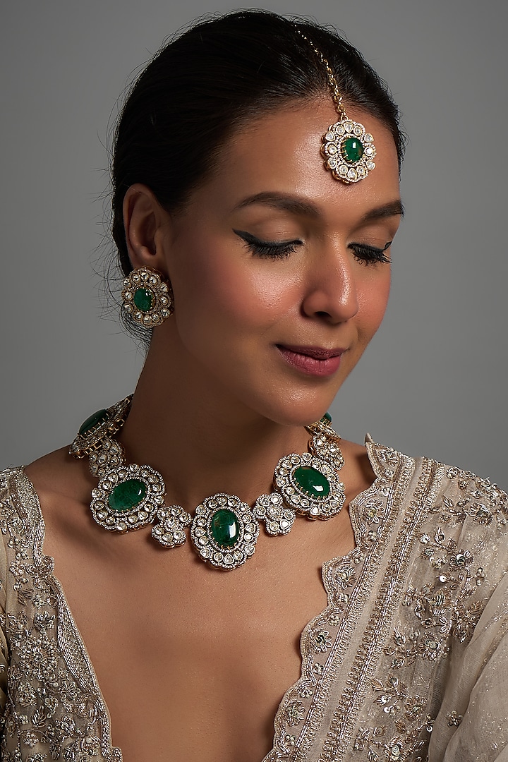 Two Tone Finish Kundan Polki & Emerald Necklace Set by Mesh Artisan