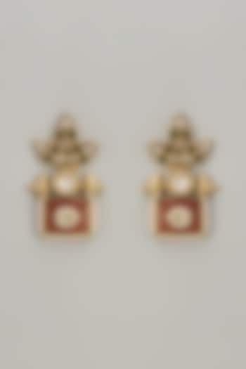 Gold Finish Kundan Polki & Brown Stone Stud Earrings by Mesh Artisan