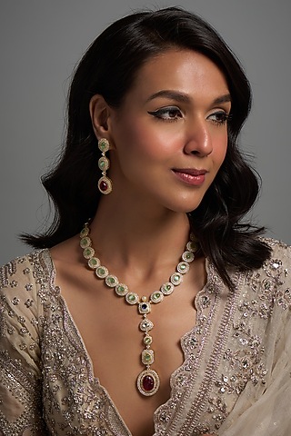 Two Tone Finish Emerald & Ruby Necklace Set by Mesh Artisan