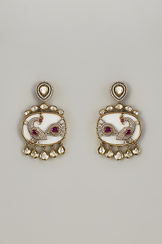 Two Tone Finish Kundan Polki Peacock Carved Dangler Earrings by Mesh Artisan